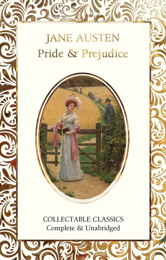 Boek 'Pride & Prejudice' van Jane Austen met een schilderij van een vrouw in een hoed en roze sjaal in een veld.
