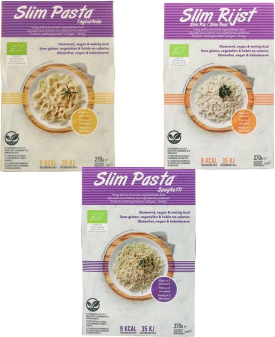 Drie verpakkingen Slim Pasta: Tagliatelle, Rijst en Spaghetti. Elk met 9 Kcal en 35 KJ per 270g portie.