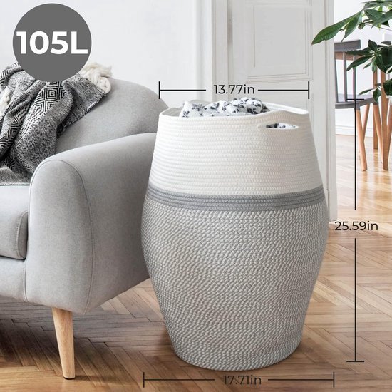 TIMEYARD Grote Wasmand, Wasverzamelaar, Opbergmand, Gevlochten Voor Het Opbergen Van Kleding In De Bijkeuken 65 Cm Hoog Zwart En Jute 2105213893