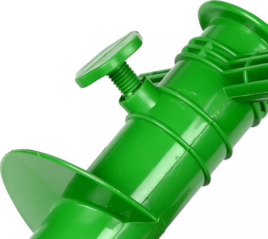 Gedetailleerde foto van de groene parasolhouder, met schroefdraad en een verstelbare knop.