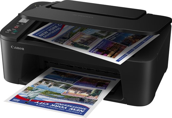 Zwarte Canon Pixma printer, met twee vellen papier die deels uit de uitvoerlade steken.