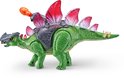 Groene Stegosaurus speelgoed dinosaurus met rode en paarse rugplaten, grijze harnas en oranje kanon.