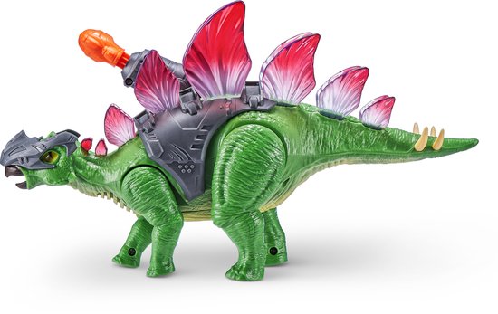 Groene Stegosaurus speelgoed dinosaurus met rode en paarse rugplaten, grijze harnas en oranje kanon.