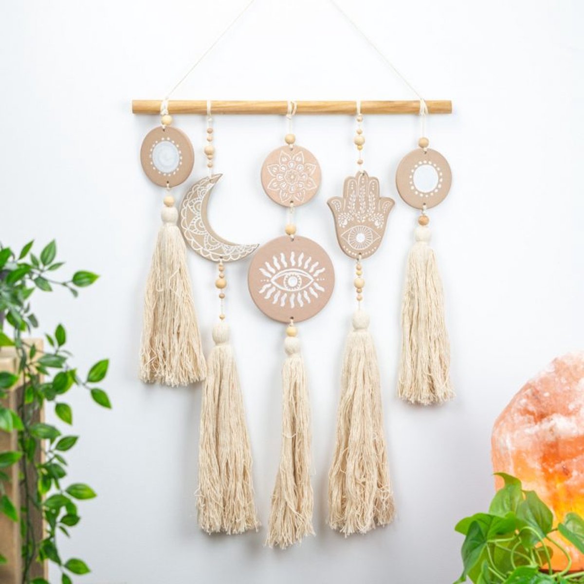 Muurdecoratie - Wanddecoratie - Wandhanger - Handgemaakte Terracotta Muurhanger Hamsa, Maan, Boze Oog en Mandala (64 cm)