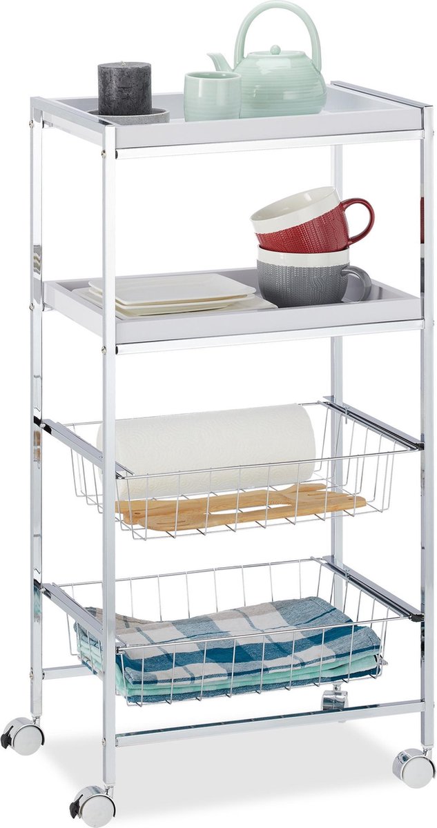 Relaxdays badkamer trolley, 3 laags, HxBxD: 71,5x31x18 cm, 4 wieltjes, badkamerrek smal, keukentrolley, natuur