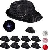 Relaxdays 10 x paillette hoed - feesthoed glitter - partyhoed LED - fedora hoed - zwart