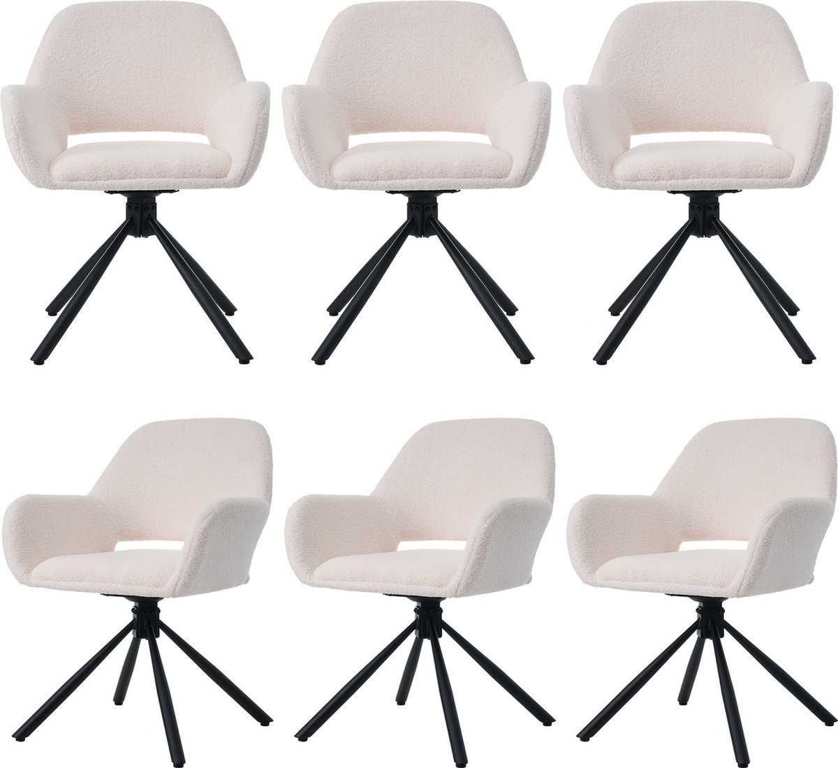 Merax Draaiende Esszimmerstoel (Set van 6) - Luxe Sherpa-Stof - Moderne Design met Armleuningen - Wit