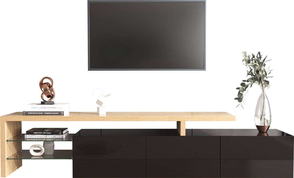 Merax Moderne TV-Meubel in Hoogglans Zwart met Houtlook Bruin en LED-Verlichting - 197.5 cm