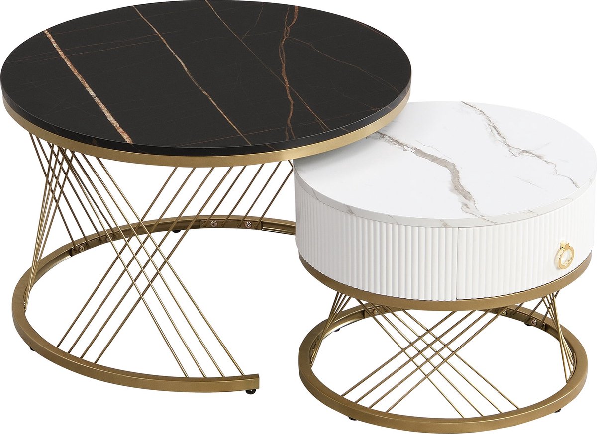 Merax 2-in-1 Salontafel Set - Moderne Tafel met Marmerlook - Gouden Accenten en Schuiflade - 70x70x45 + 50x50x40 cm
