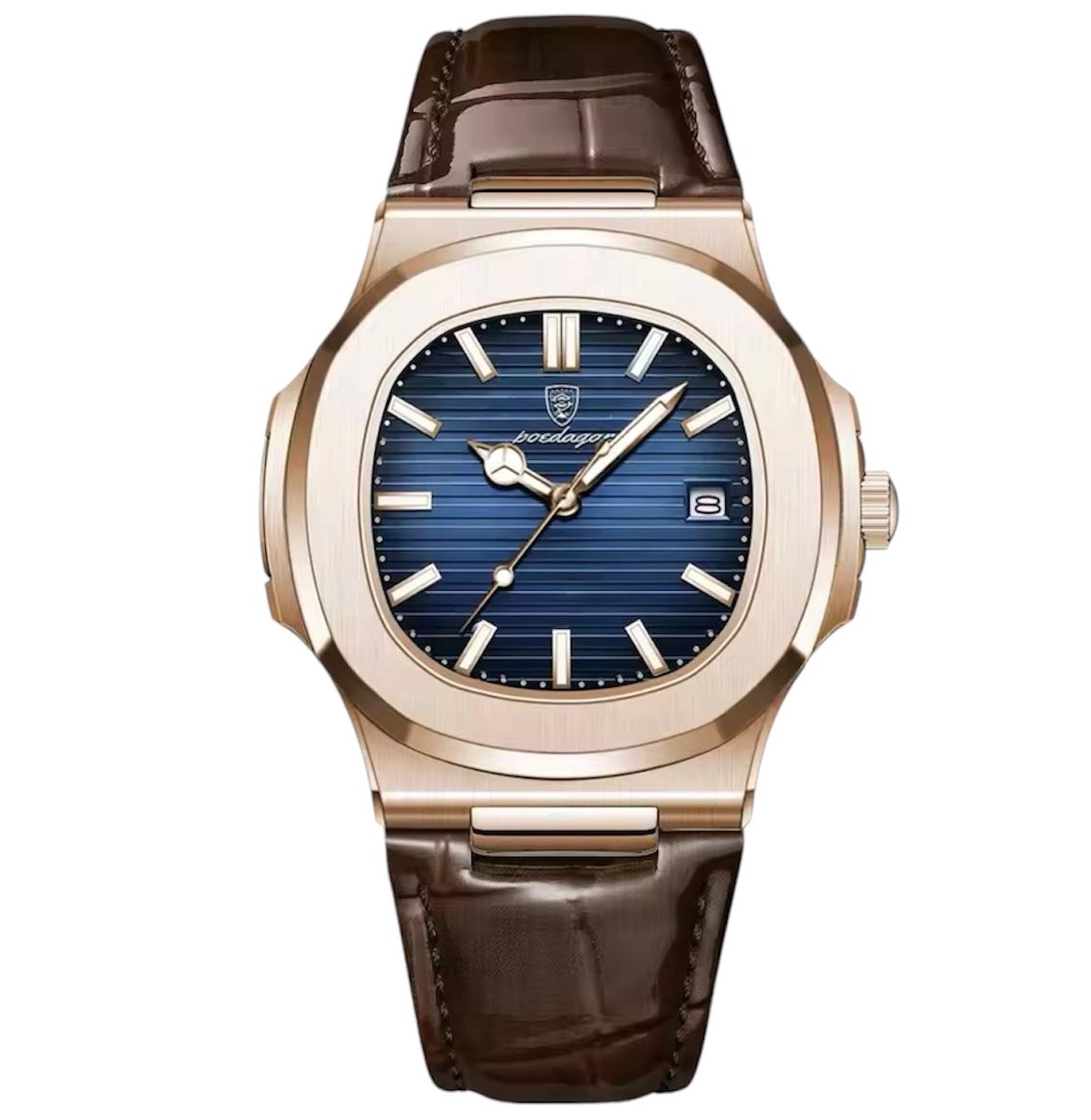 Luxe Herenhorloge - Leren Band - Polshorloge - Heren - Cadeau - Horloge - Geschenkdoos - Mannen - Rosé Blauw- Polsband Bruin