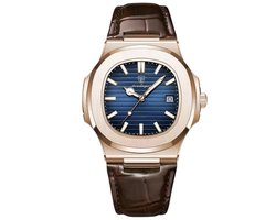 poedagar Herenhorloge - Leren Band - Polshorloge - Heren - Horloge - Horlogedoos - Mannen - Rosé & Blauw- Polsband Bruin