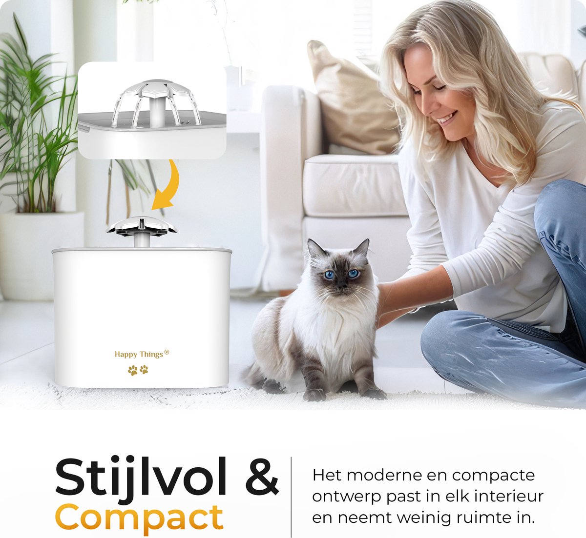 Happy Things® Drinkfontein Kat & Hond GOLD – 2.5L Geruisloze Kattenfontein met 4 Filters – Stijlvolle Waterfontein – Gezonde Hydratatie voor Huisdieren thumbnail 2