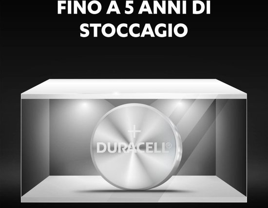 Duracell LR44 batterij op een standaard, met tekst 'Fino a 5 anni di stoccaggio'.