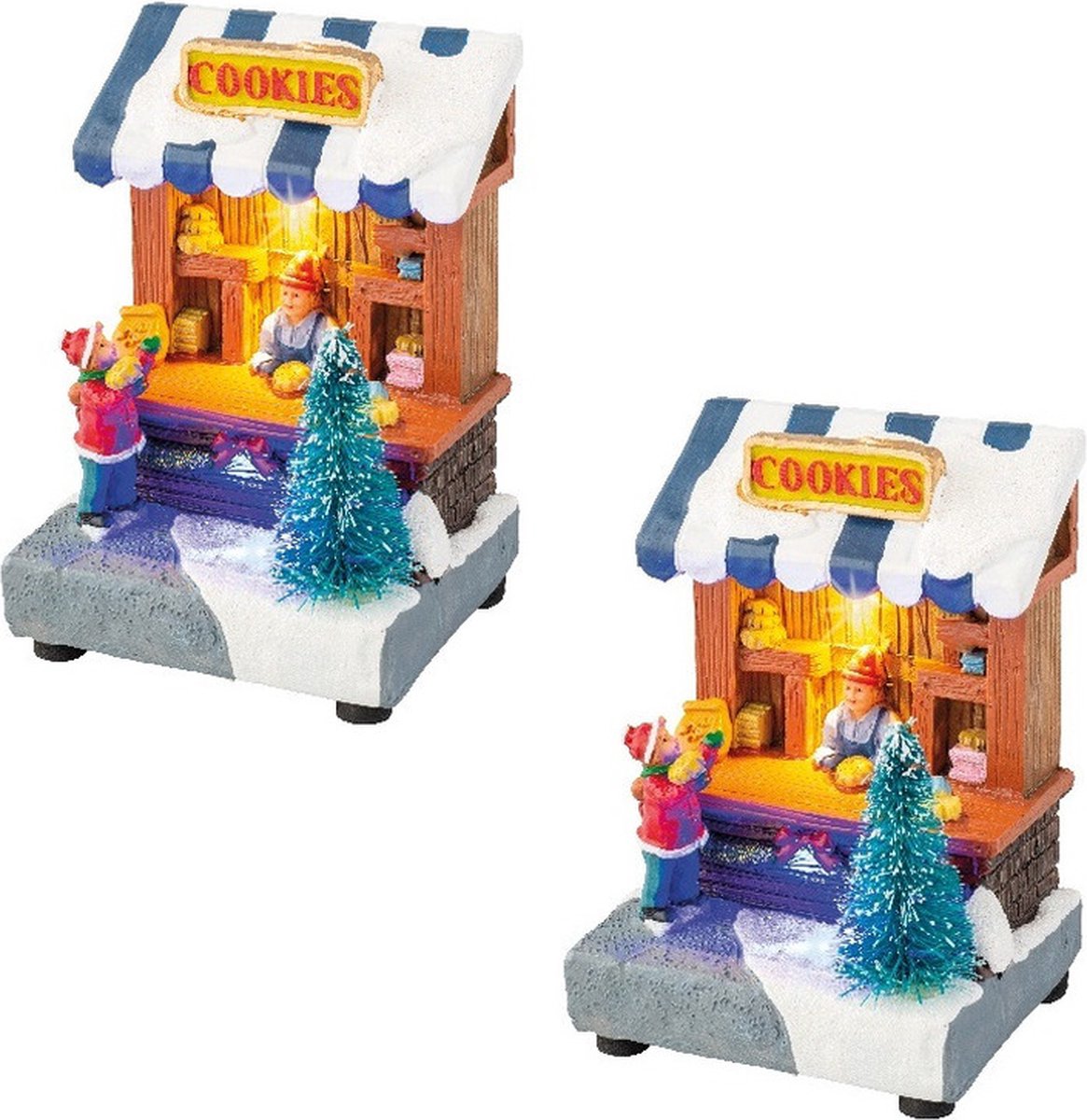 Kerstdorp cadeau winkel en koekjes winkel - verlichting - 11 cm hoog - set van 2 kersthuisjes – foto 3