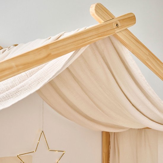 Rideau enfant 'Maison' Beige 90x 200 cm - 100% Katoen de coton Bio - Spécial pour le lit cabane 'Maison' 90x200 cm - Avec rubans pour une fixation ferme - Pour une ambiance onirique et cosy
