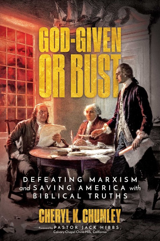 Couverture de livre avec des figures historiques à une table, titre 'God-Given or Bust' en or, et l'ombre de Marx.