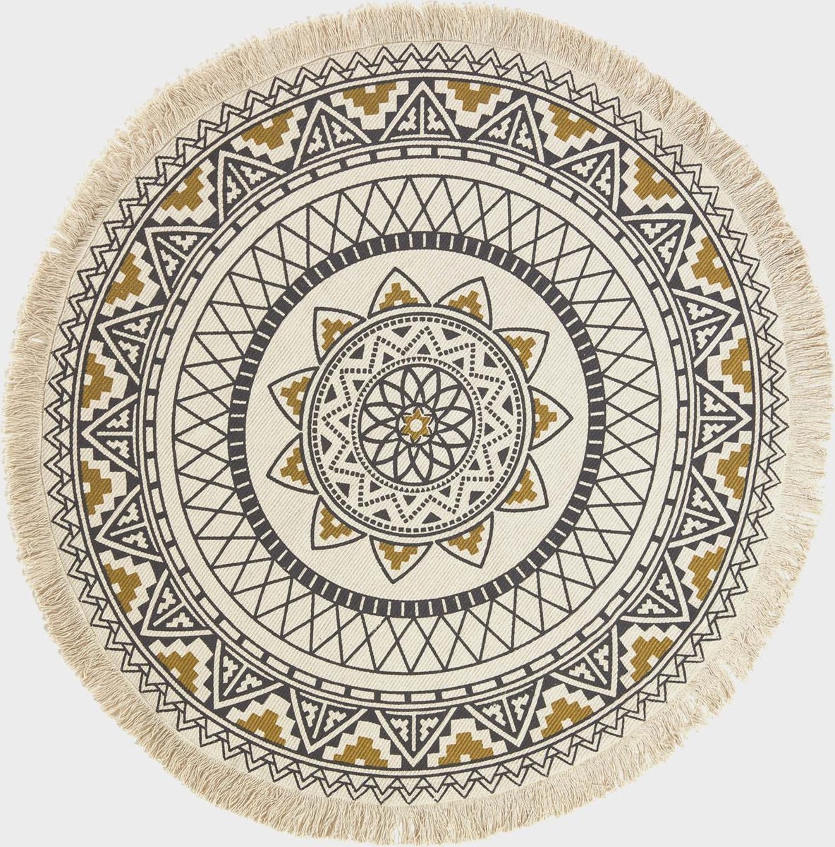 Homescapes rond boho vloerkleed zwart, wit en goud met franjes, 145 cm