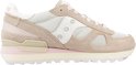 Zijaanzicht van beige Saucony sneaker met witte en roze details.