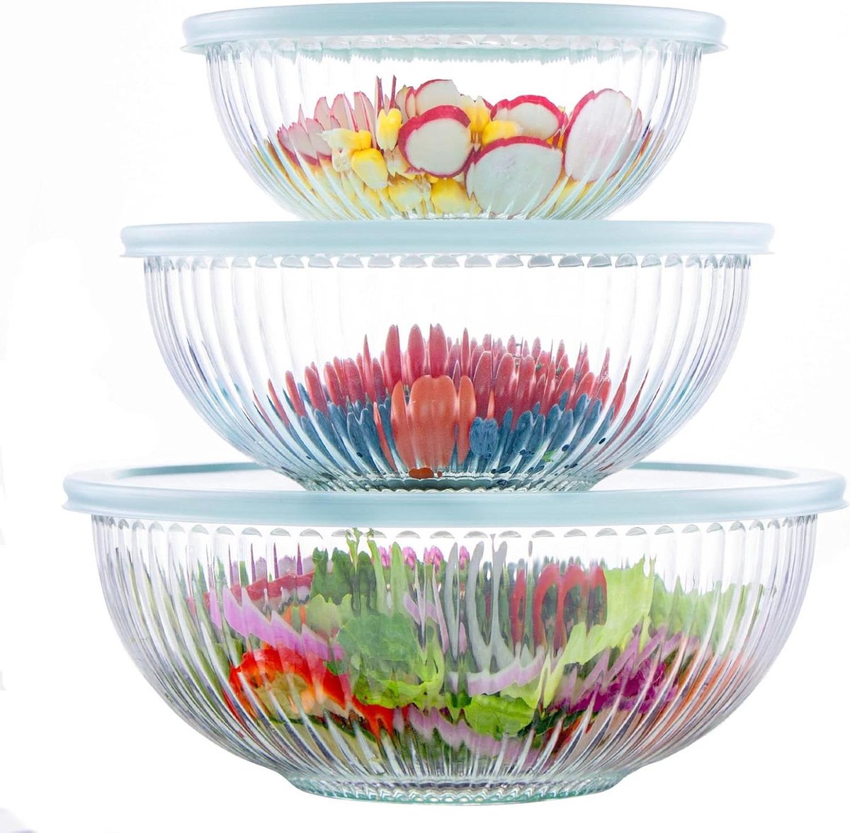 Mengkommen met Deksel Set van 3 - Glazen Nestkommen - Grote Saladekommen - Magnetron en Oven Veilig
