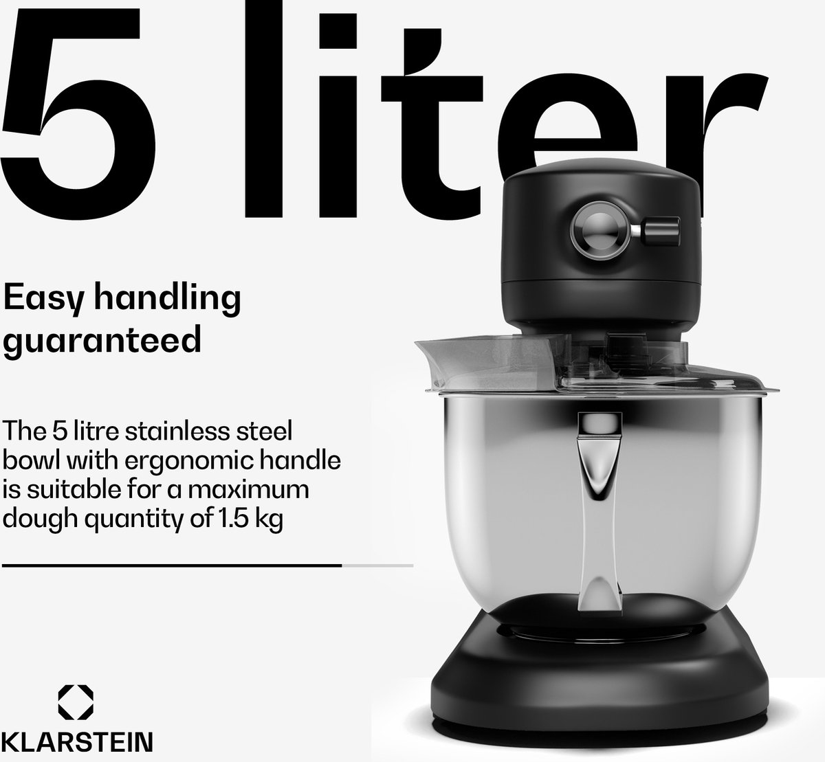 Klarstein Chiara 1600W Keukenmachine – 5L roestvrijstalen kom, 12 snelheden, LCD-touchdisplay, Stil ≤72 dB, Vaatwasserbestendige patisserieset, Aluminium spuitgietbehuizing, Zwart