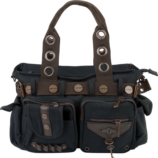 Zwarte canvas tas met bruine accenten, drukknoppen, ritssluitingen en een decoratieve sleutel.
