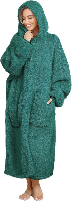 ililmmoe Pluche hoodiedeken voor dames en heren, superwarme en knusse grote draagbare deken met capuchon voor thuis, dikke losse pluche jassen (wijnrood, L