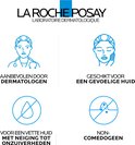 Afbeeldingen met pictogrammen: Aanbevolen door dermatologen, Geschikt voor een gevoelige huid, Voor een vette huid met neiging tot onzuiverheden, Non-comedogeen.