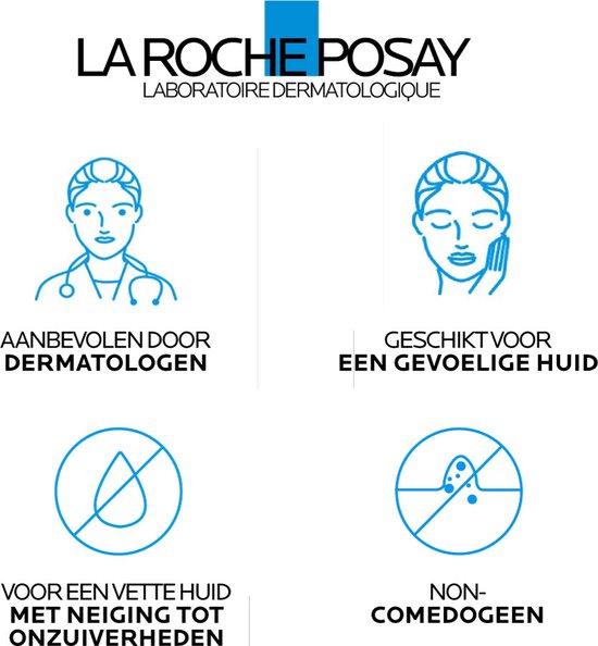 Afbeeldingen met pictogrammen: Aanbevolen door dermatologen, Geschikt voor een gevoelige huid, Voor een vette huid met neiging tot onzuiverheden, Non-comedogeen.