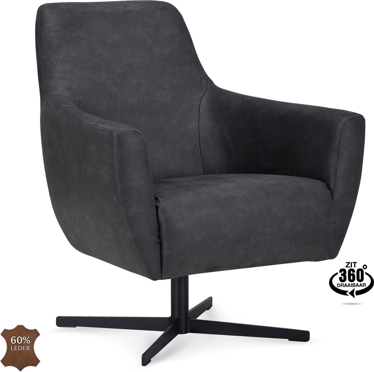 Icon Living - Fauteuil Pearl - Microleder Bull Anthracite - Poot Zwart 360° Draaibaar