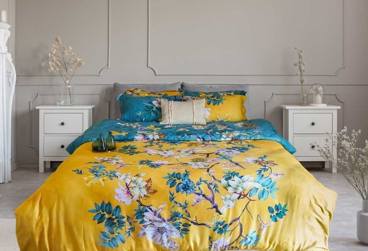 Dekbedovertrek Katoen Satijn Floral Vine Yellow & Blue - Lits Jumeaux 240x200/220 cm + 2 Kussenslopen - 350TC Zeer mooie kwaliteit
