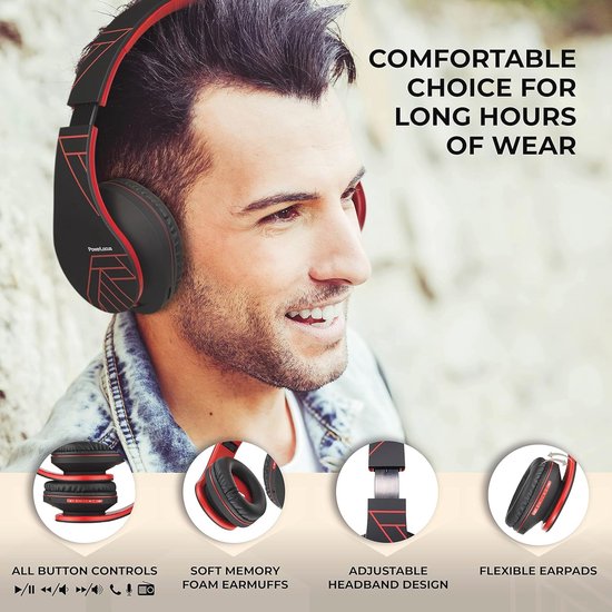 Draadloze Over-Ear Koptelefoon met Microfoon, Micro SD Slot en FM Radio - Inklapbare Bluetooth Hoofdtelefoon voor Smartphone, Tablets, Laptops en TV (Zwart/Rood) — afbeelding 2