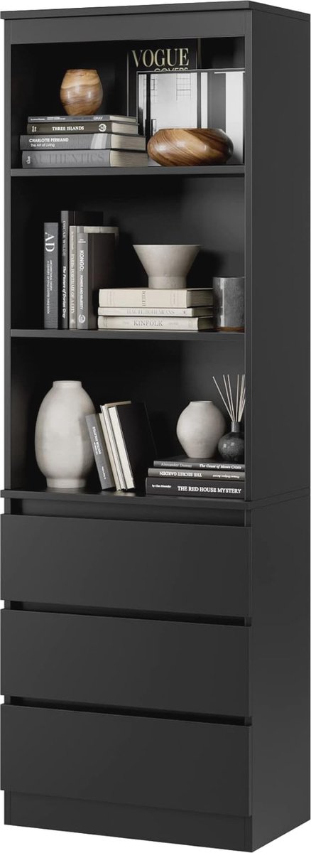 Goedkoopste Boekenkast met 3 laden en 3 legplanken - Multifunctionele Houten Kast 180 cm Hoog - Zwart