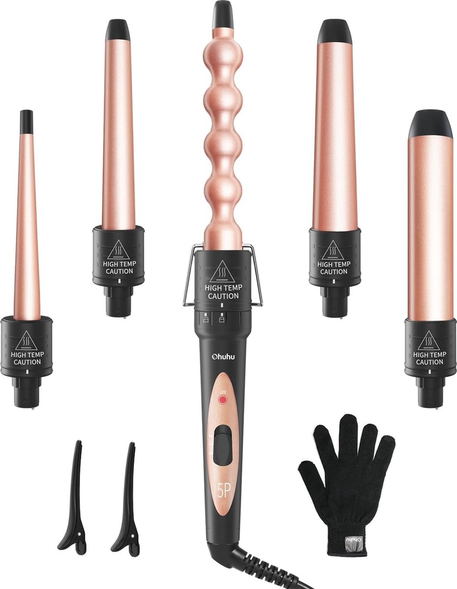 5-in-1 Krultangset voor Grote en Kleine Krullen - Keramische Coating en Instelbare Temperatuur - Inclusief Handschoenen en Clips