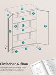 Schema van een zwarte archiefkast met onderdelen gelabeld A t/m R. Tekst 'Eenvoudige montage'.