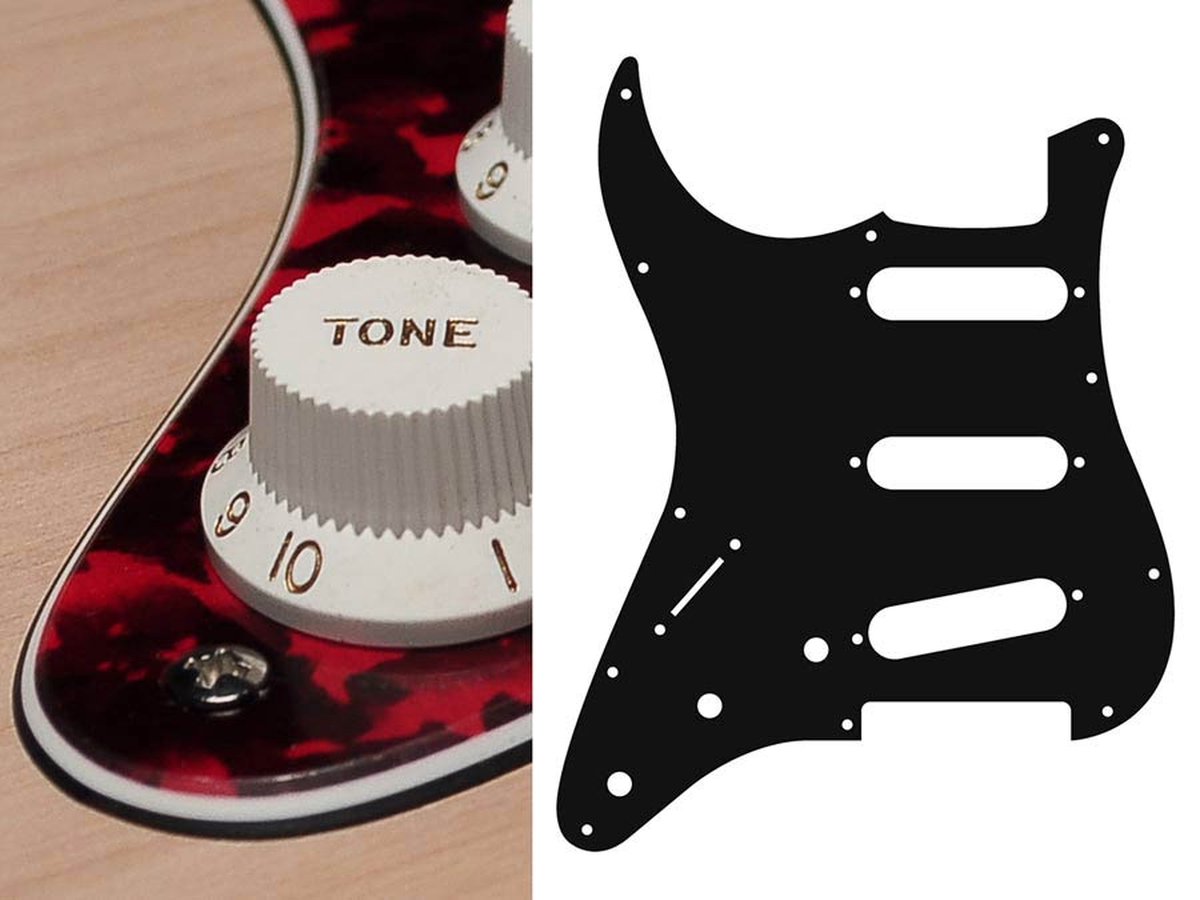 Boston SL-313-RR pickguard, Stallion, standard, SSS, 3 pot holes, 3-5 switch, lefthanded, 3 ply, tiger red