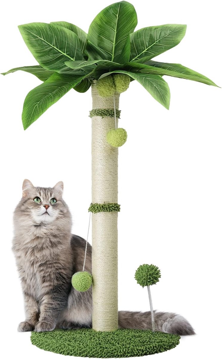 Pawsomepets Krabpaal voor katten – Krabpaal met Speeltje – Kattenboom met bladeren – 65cm