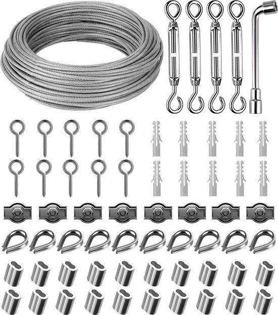CGBOOM 304 roestvrijstalen staalkabel, spandraad, ommanteld met ogen, kabelspanset, voor klimplanten, klimhulp, waslijn, gordijntouw, verlichting, dekkabelreling, 40 m, 2 mm
