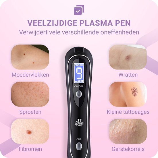 Zwarte laser plasmabehandelingspen omringd door voorbeelden van huidaandoeningen, zoals moedervlekken, wratten, sproeten, fibromen, kleine tatoeages en gerstekorrels.