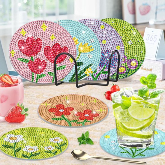 8 Stuks Diamond Painting Onderzetters Ontbijtserie - 5D DIY Met Houder, Antislip & Hittebestendig