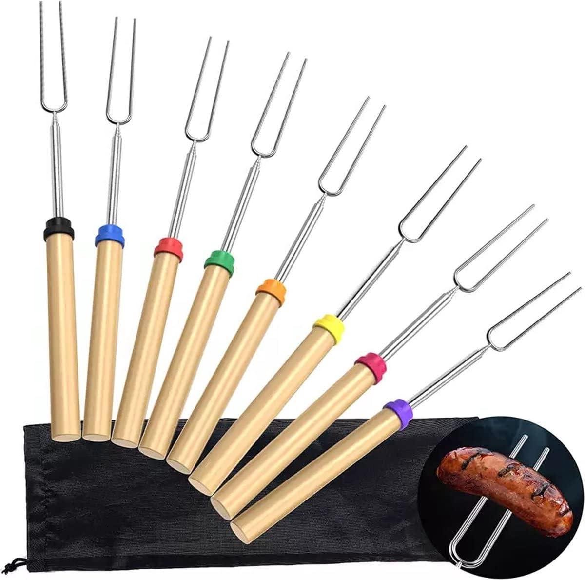 UITSCHUIFBAAR Barbecue Spiesen 8x 30cm tot 80cm Vleesspiesen Vleesvork Marshmallow Accessoires Inclusief Opbergtasje