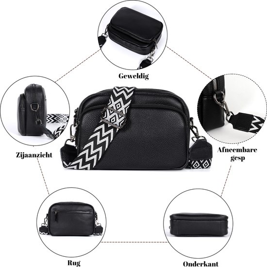 FASSIONA Sac Bandoulière Femme - sacs bandoulière - Klein Sac - Cuir - 5 Compartiments - Petit Sac Bandoulière - Zwart
