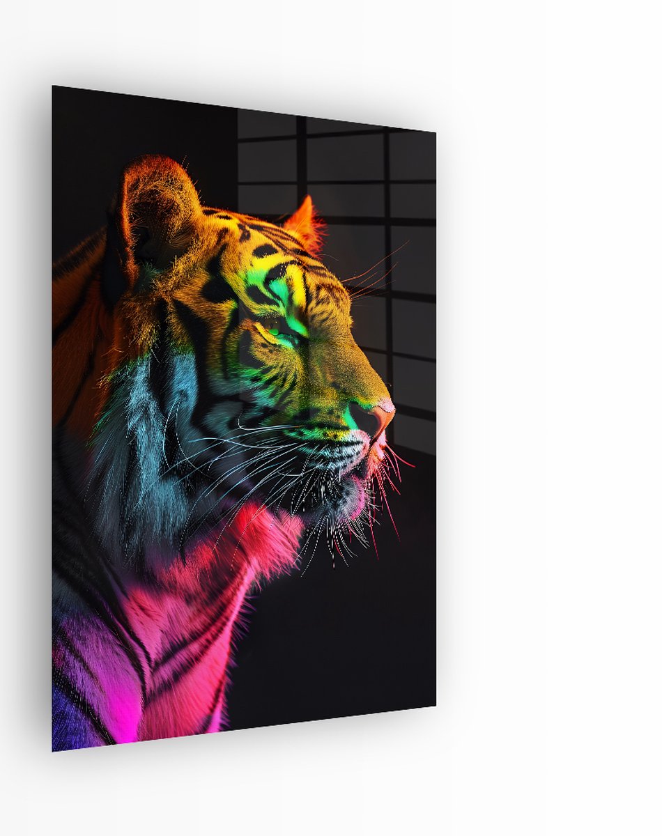 Indoorart Glasschilderij Tijger Regenboog Zijkant 40x60 CM - Afbeelding op plexiglas - Inclusief montagemateriaal zwart, wit, oranje, roze, groen, blauw