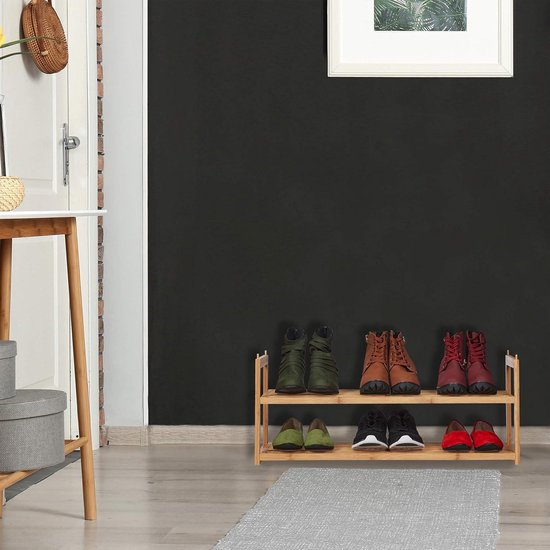 HOMREALM Bamboe schoenenrek voor kleine ruimtes, 6 etages, hoog, verticaal, smal rek voor kastingang, hoekgarage, slank stapelbaar schoenenrek voor praktische schoenenorganisatie, zwart