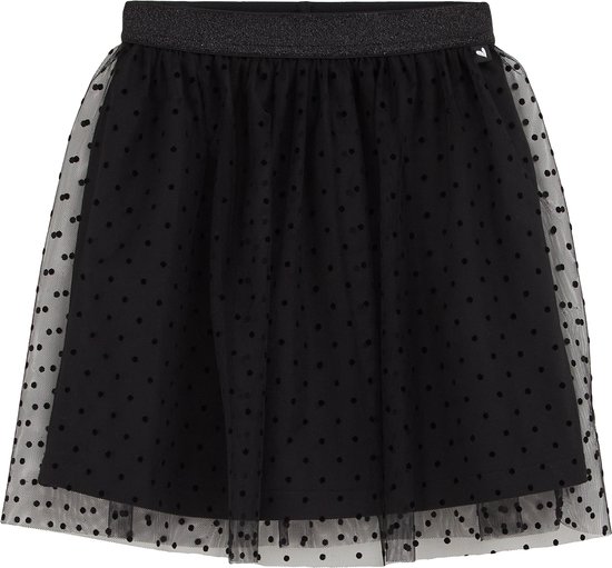 Zwarte tule rok met stippen en glimmende tailleband.