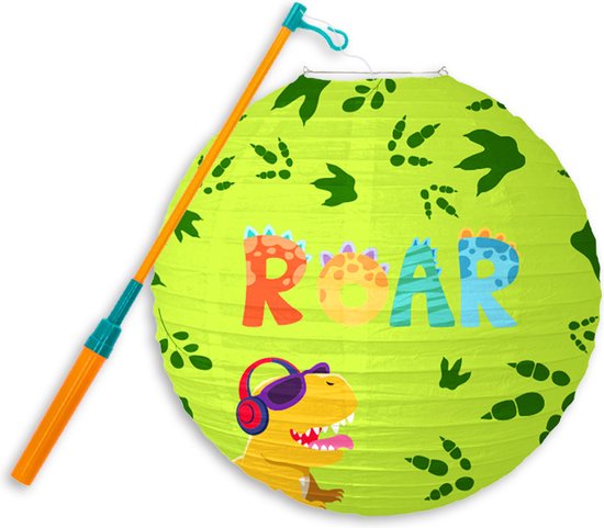 Groene lampion met dinosaurus en de tekst 'ROAR'. Met lampionstokje.