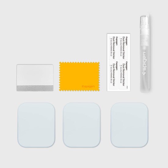 Spigen screenprotector kit met stofverwijderstickers, een doekje en een spuitje.