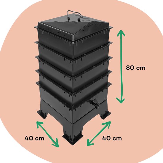 Wormenhotel 64L - Billiebin 4 laags starter kit (zwart) - Incl. filter/kweekgrond/bedding/instructieboekje > Excl. wormen - 100% gerecycled voedselveilig kunststof wormenbak - Wormentoren compostbak met opvangbak en tapkraantje | Billiebin