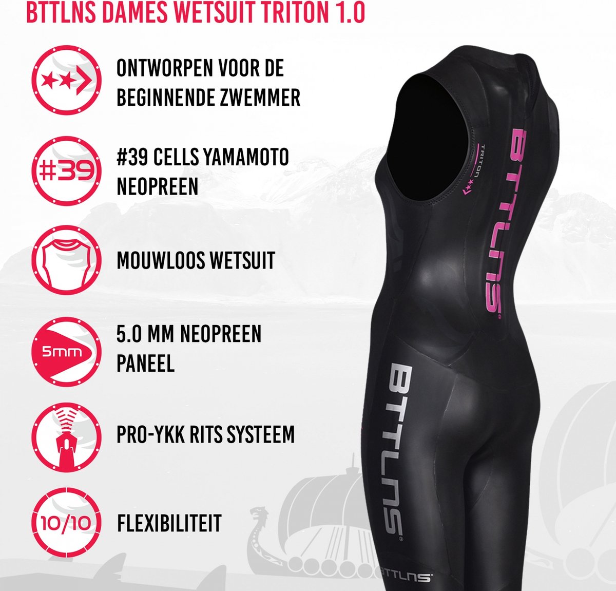 BTTLNS wetsuit - zwempak - triathlon zwempak - openwater wetsuit - wetsuit mouwloos dames - Triton 1.0 — afbeelding 8