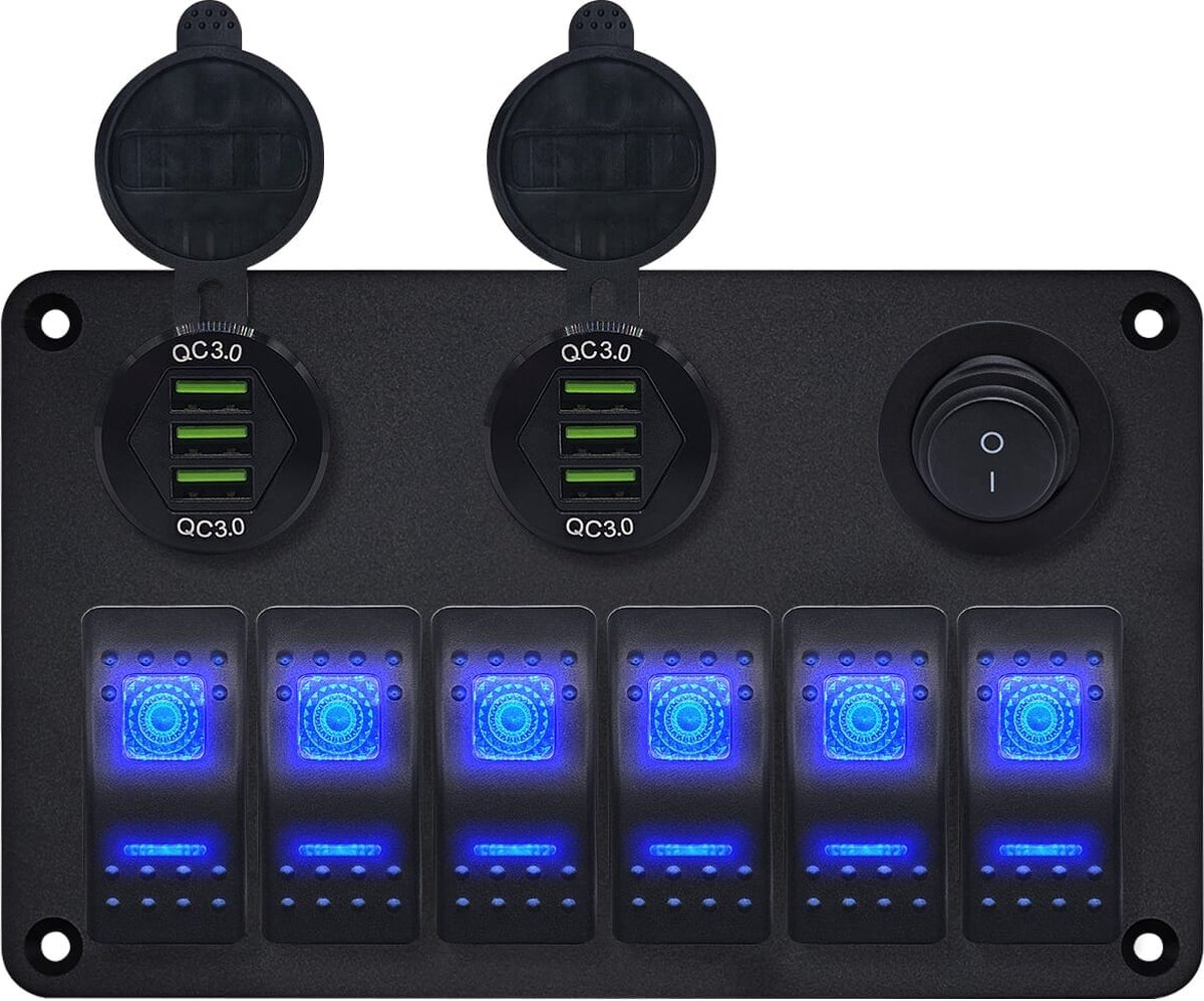 ProRide Schakelpaneel 12V voor Auto/Boot - USB Lader 6 Poorten met Schakelaar - QC3.0 - DS2085B - 6 Schakelaars