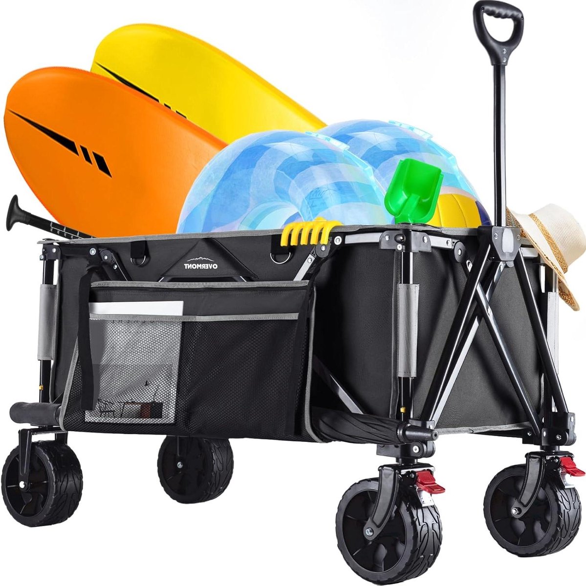 Zware opvouwbare trolleywagen met grote wielen - 120 kg capaciteit - festivalwagen met zijzakken - kamperen buiten tuin strand - verstelbaar handvat - zwart blauw Bolderkar